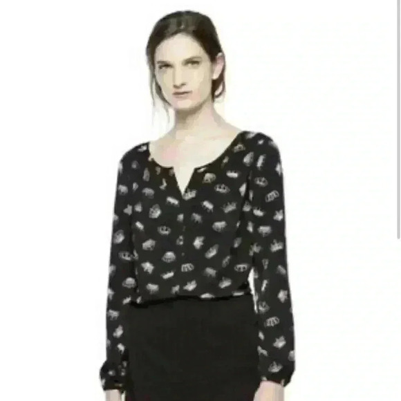 Thakoon Black Long Sleeve Tunic Blouse with Gray Crown Print Size S - Picture 2 of 7